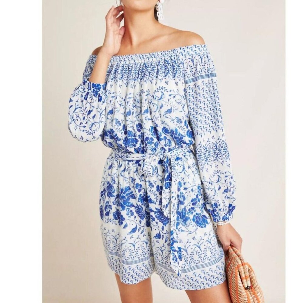 ANTHROPOLOGIE Floral Blue and White Off-Shoulder Dress Jumpsuit